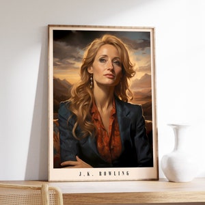 May include: A portrait of J.K. Rowling, the author of the Harry Potter series. She is wearing a blue blazer over a red patterned shirt and has long blonde hair. The background is a painting of a sunset over a mountain range.