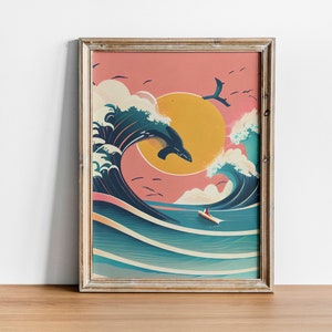 May include: A framed print of a stylized illustration of a whale jumping over a large wave with a small boat in the distance. The background is a pink and orange sunset with a large yellow sun.