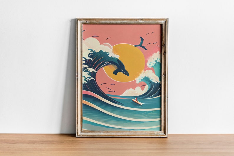 May include: A framed print of a stylized illustration of a whale jumping over a large wave with a small boat in the distance. The background is a pink and orange sunset with a large yellow sun.