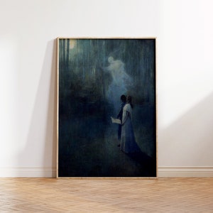 a painting of a man and a woman standing in a dark forest