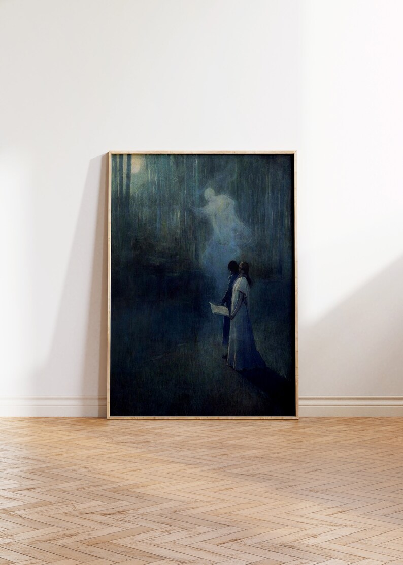 a painting of a man and a woman standing in a dark forest