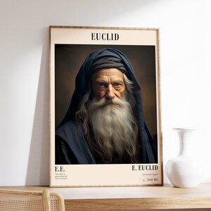 May include: A framed poster with a portrait of Euclid, a Greek mathematician, in a dark blue robe with a white beard. The poster has the text "EUCLID" at the top and "E. EUCLID Alexandria, Egypt c. 300 BC" at the bottom. The quote "The whole is greater than the sum of the parts." is also included.