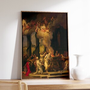 Pode incluir: Uma pintura que retrata uma cena da mitologia romana. A pintura apresenta um grupo de pessoas com túnicas brancas reunidas em torno de um altar em chamas. Acima deles, um grupo de figuras nas nuvens parece estar descendo. A pintura é ambientada em um ambiente arquitetônico clássico com colunas e arcos.