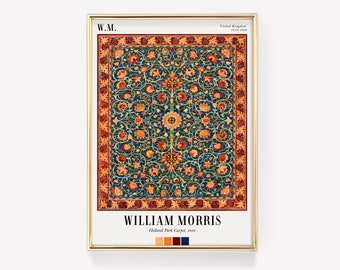 May include: A framed print of a vintage design by William Morris, featuring a colorful floral pattern on a blue background. The print includes the text "W.M. William Morris - Holland Park Carpet, 1863 -" and a color palette.