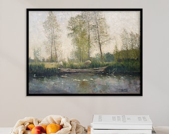Cottage Landscape | Farmhouse Decor | Wall Art | River Landscape | Vintage Painting | Antique Landscape | Home Decor | Canvas Gift Poster