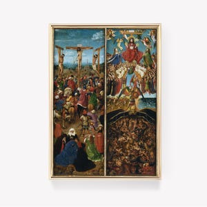 May include: A painting depicting the Last Judgement, with Jesus Christ at the top, surrounded by angels and saints. Below, the saved are being led to heaven, while the damned are being cast into hell. The painting is divided into two sections, with the left side showing the crucifixion of Christ and the right side showing the Last Judgement.