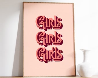 girls girls girls print | feminist wall art | girls support girls | pink aesthetic wall art | female empowerment | Vintage Art Antique Print