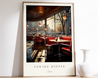 May include: A framed print of a painting by Edward Hopper titled "Diner". The painting depicts a diner interior with red booths, a counter, and a view of a city street through large windows. The diner is lit by hanging light fixtures.