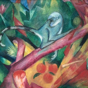 May include: An abstract painting of a monkey perched on a tree branch. The monkey is light blue, and the branch is a mix of red, yellow, and purple. The background features green foliage and a few orange fruits. The artwork has a vibrant, colorful style.