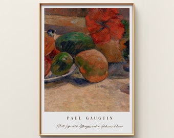 Op de afbeelding: Een schilderij van Paul Gauguin met de titel "Stilleven met mango's en een hibiscusbloem". Het schilderij toont een stilleven met mango's, een hibiscusbloem en ander fruit op een tafel.