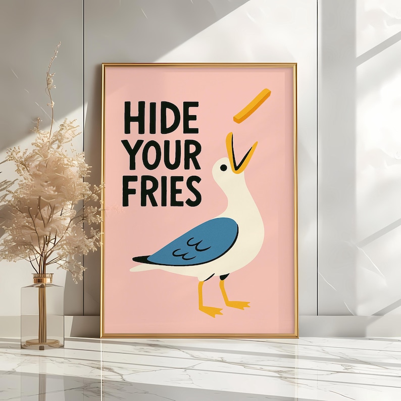 a picture of a bird with the words hide your fries on it