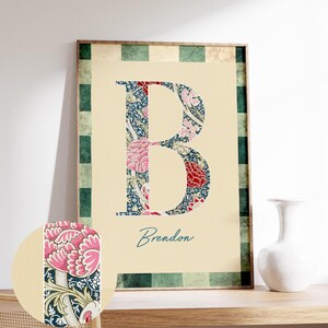 Arte mural con monograma de nombre personalizado: elegante póster floral con letras: impresión inicial personalizada para decoración del hogar o regalo.