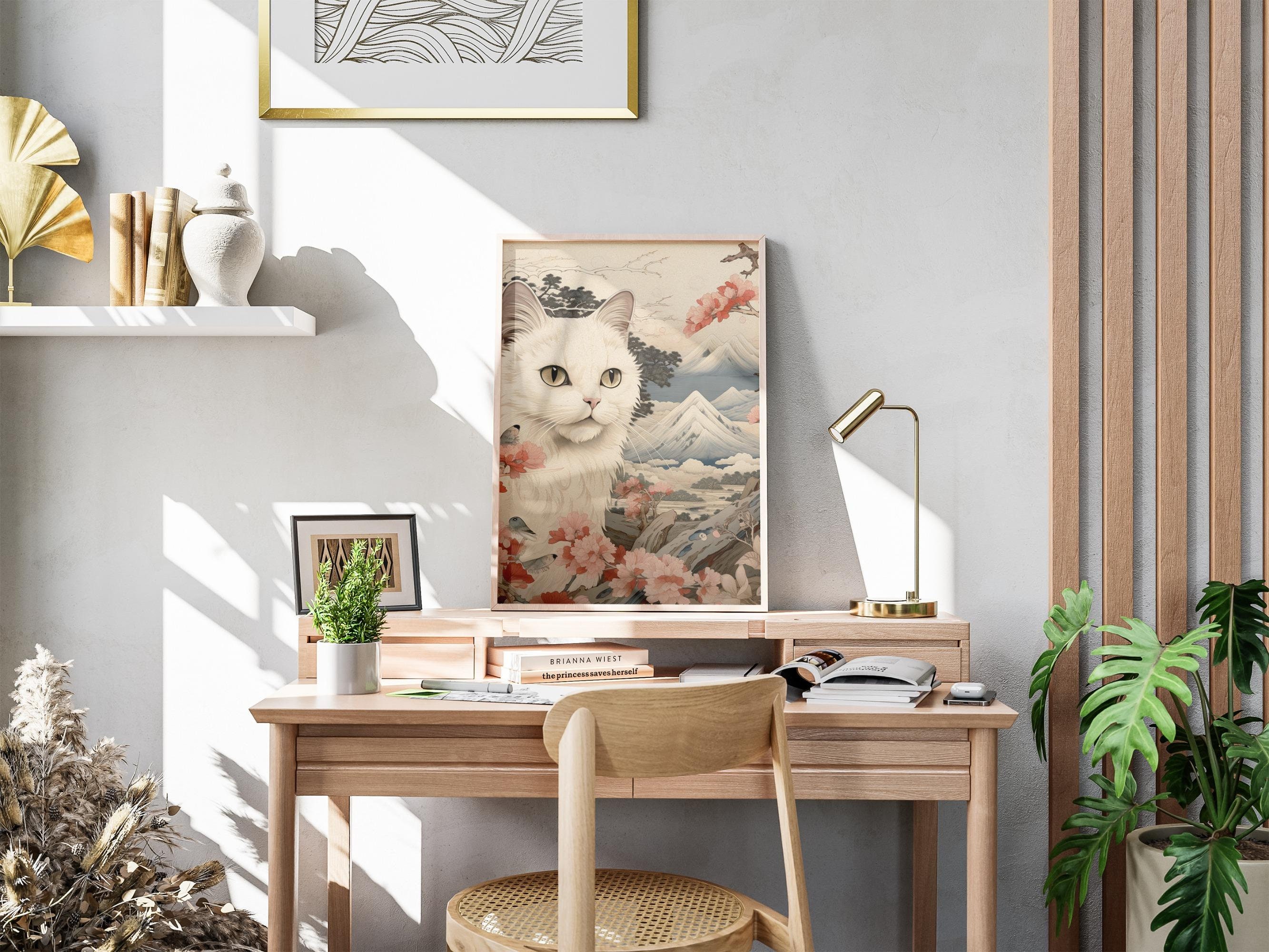 Japanese White Cat Poster | Animal Poster | White Cat Art Print ...