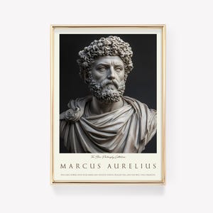 May include: A black and white portrait of Marcus Aurelius, a Roman emperor and philosopher. The image is framed in gold and includes the text "The Stoic Philosophy Collection" and "You have power over your mind - not outside events. Realize this, and you will find strength."