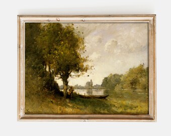 Paul-Désiré Trouillebert - A Pond near Nangis (1880) | Cloudy Sky Vintage Painting Print Canvas Landscape Antique Poster Bedroom Wall Art