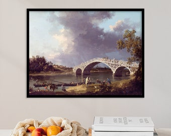 Canaletto - Old Walton Bridge (1754) - Vintage Painting Poster Print Art Gift Wall Home Decor - 12x10, 12x18, 18x24, 24x36, A2, A3, A4