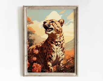 Botanical Cheetah | Cottagecore Wall Art | Moody Wall Art | Animal Print | Dark Aesthetic Art Painting | Fairycore Print