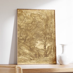 Jean-Baptiste-Camille Corot - The Gardens of Horace (1855) | Rustic Sketch Art, Vintage Landscape Drawing, Scenery Line Art Farmhouse Print