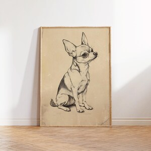 a drawing of a small dog sitting on a hard wood floor