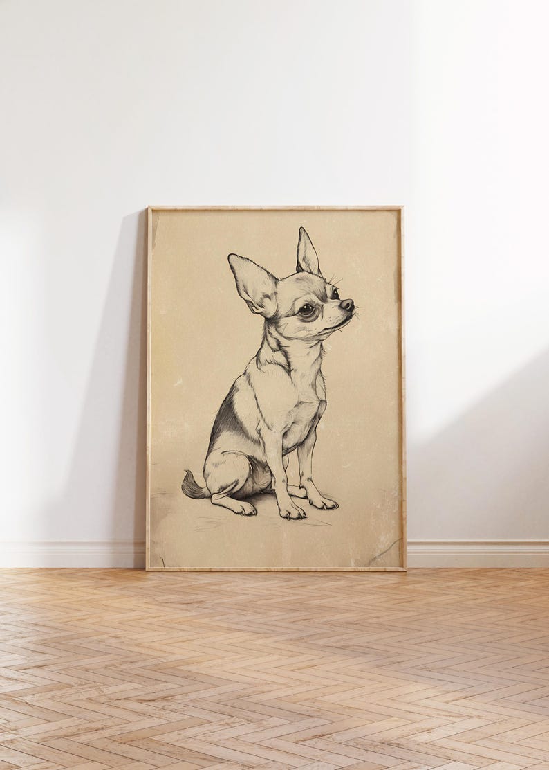 a drawing of a small dog sitting on a hard wood floor