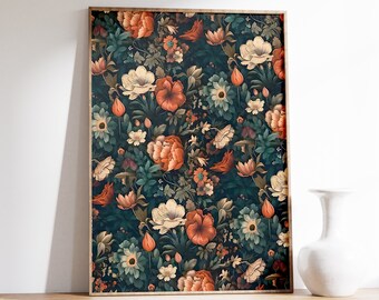 Estética Vintage com Lindas Flores | Arte da Natureza | Estilo Cottagecore Sombrio | Colagem de Plantas | Impressão de Arte Floral | Impressão Botânica | Arte de Parede Floral