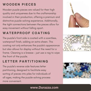 K&ouml;nnte beinhalten: Nahaufnahme von Holzpuzzle-Teilen vor wei&szlig;em Hintergrund. Der Text "WOODEN PIECES" befindet sich oben im Bild. Der Text "WATERPROOF COATING" befindet sich in der Mitte des Bildes. Der Text "LETTER PARTITIONING" befindet sich unten im Bild. Der Text "www.Durazza.com" befindet sich unten im Bild.