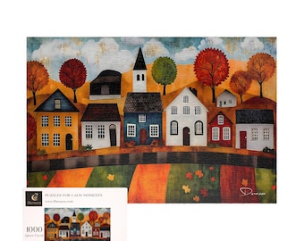 Fall Landscape Jigsaw Puzzle 500/1000 Pieces, Autumn Folk Art | Autumn Village Vista - Durazza