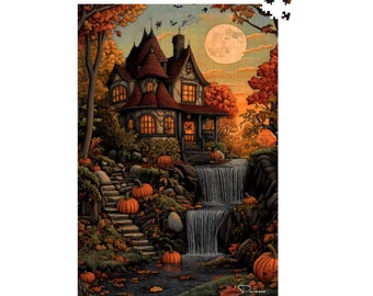 Pode incluir: Uma ilustração caprichosa de uma casa assombrada com telhado vermelho e uma varanda, cercada por folhagem de outono e abóboras. Uma cachoeira desce por uma encosta rochosa em frente à casa, com uma lua cheia brilhando no céu.