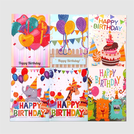 Birthday Card Diamond Painting Kit 6 Pack: Zoo Animal Children's Party Cards,  DIY Craft Kit Diamond Dotz Inspired, Happy Birthday Git Holder 
