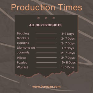 K&ouml;nnte beinhalten: Eine braune und wei&szlig;e Grafik mit dem Text "Production Times" und "All Our Products" in wei&szlig;er Schrift. Die Grafik listet verschiedene Produkte und deren Produktionszeiten in Tagen auf. Zu den Produkten geh&ouml;ren Bettw&auml;sche, Decken, Kerzen, Diamantkunst, Journale, Kissen, Puzzles und Wandkunst. Die Grafik enth&auml;lt auch die Website-Adresse "www.Durazza.com".