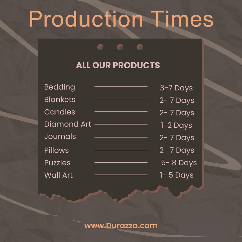 K&ouml;nnte beinhalten: Eine braune und wei&szlig;e Grafik mit dem Text "Production Times" und "All Our Products" in wei&szlig;er Schrift. Die Grafik listet verschiedene Produkte und deren Produktionszeiten in Tagen auf. Zu den Produkten geh&ouml;ren Bettw&auml;sche, Decken, Kerzen, Diamantkunst, Journale, Kissen, Puzzles und Wandkunst. Die Grafik enth&auml;lt auch die Website-Adresse "www.Durazza.com".