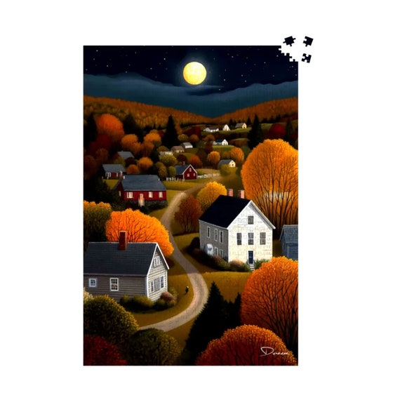 Autumn Jigsaw Puzzle 500 or 1000 piece,New England Village Fall Puzzles for Adults, Thanksgiving Game | Countryside Harvest Moon by Durazza