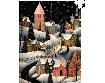 May include: A snowy winter village scene with a pink church, houses, and trees. The village is lit up with warm lights and the sky is dark with stars.