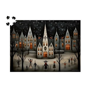 Spooky Winter Scene, Contemporary Folk Art Gothic Puzzle Brain Game: Vampire Snowy Village Wooden Jigsaw Puzzle 500 or 1000 Pieces