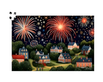 Rompecabezas de fuegos artificiales: Pueblo patriótico americano, celebración festiva de un pequeño pueblo bajo un cielo estrellado / Skyburst Village de Durazza