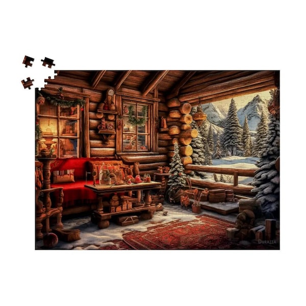 Puzzle en bois Porchside Paradise de 500 ou 1 000 pièces : cabane en rondins de neige, scène de cabane d'hiver confortable, arbres enneigés, vue sur la montagne