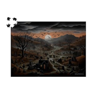 Sunset Haunted Graveyard, Gothic Halloween Puzzle, Brain Games for Adults | Twilight of Death Wooden Jigsaw Puzzle 500 or 1000 Pieces