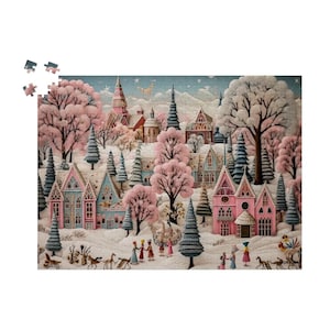 Puzzle chromatique en bois, pays des merveilles, 500 ou 1 000 pièces : maisons roses comme neige, hiver fantasque, scène fantastique pour décoration pastel