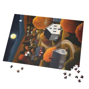 Village houses under full moon with autumn trees wooden puzzle.