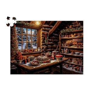 Log Cabin Baking Bliss Wooden Jigsaw Puzzle 500 or 1000 Piece: Festive Christmas Dessert, Snowy Forest Views, Cozy Holiday Baking Scene