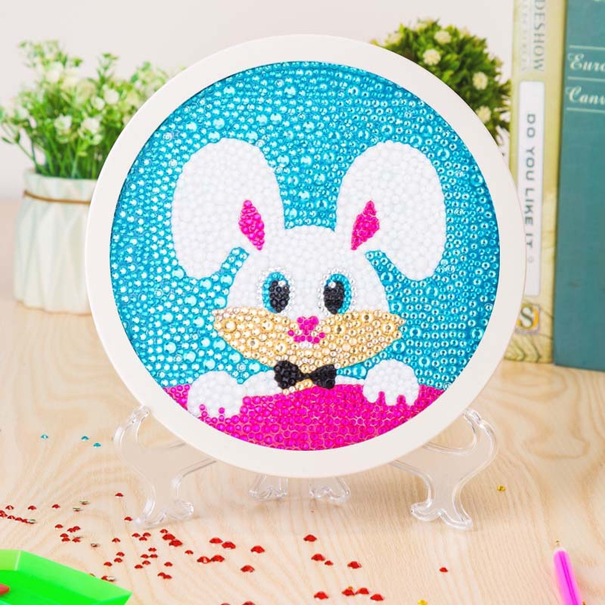 Finelylove Easter DIY 5D Diamond Art Painting Kits, Easter Rabbit Eggs Tabletop Decoration with LED String Light, Cute Diamond Paintings Ornament for