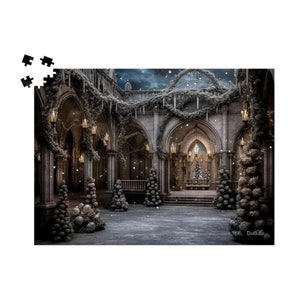 A Mystical Castle Retreat, Dark Romanticism, Gothic Christmas Decorations: White Medieval Courtyard Wooden Jigsaw Puzzle 500 or 1000 Piece