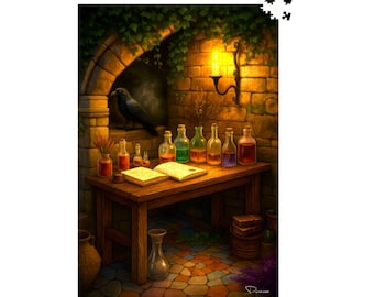 Rompecabezas gótico de Halloween de 500 o 1000 piezas para adultos. Incluye boticario, libros, velas y escena del cuervo/frasco del cuervo, de Durazza.