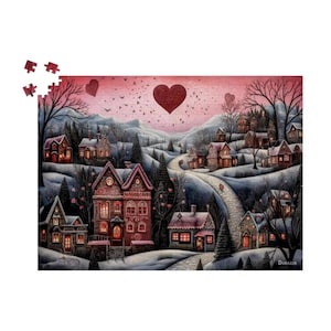 Whimsical Romantic Scene, Heartfelt Snowy Village, Dark Pink Home Decor: Valentine Cottages Love Haven Wooden Jigsaw Puzzle 500 / 1000 piece