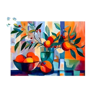 Colorful Fruit Jigsaw Puzzle 500 or 1000 Pieces: Kitchen Abstract with Oranges & Berries, Modern Geometric | Modern Fruity Fiesta by Durazza