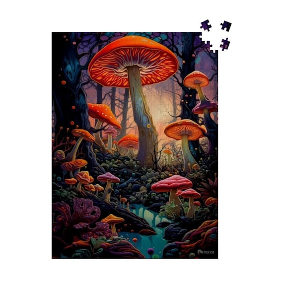 Enchanted Mushroom Forest Wooden Jigsaw Puzzle: 500 or 1000 Pieces, Colorful Fungi Woodland Camping Game, Psychedelic Art Fantasy Puzzle