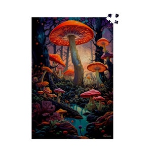 K&ouml;nnte beinhalten: Eine psychedelische Illustration eines Waldes mit einem Bach, der durch ihn flie&szlig;t. Der Wald ist gef&uuml;llt mit bunten Pilzen in verschiedenen Gr&ouml;&szlig;en und Formen. Der gr&ouml;&szlig;te Pilz ist rot mit einem wei&szlig;en Stiel und befindet sich in der Mitte des Bildes. Der Bach ist leuchtend blau und von &uuml;ppigem Gr&uuml;n umgeben.