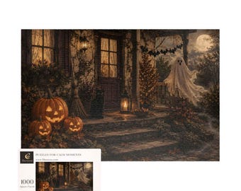 Può includere: Un puzzle da 1000 pezzi raffigurante una scena di un portico infestato con un fantasma, zucche e una luna piena. La scatola mostra l'immagine completata e le dimensioni di 74,9 per 50,8 cm. La scena include una casa buia, pipistrelli e fogliame.