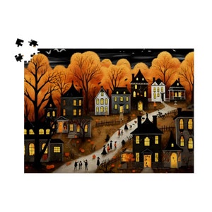 Halloween Hometown Jigsaw Puzzle 500 1000 Pieces: Spooky Rural Town Scene, Festive Pumpkin Decor, Haunted Village Puzzle, All Hallows&#39; Eve