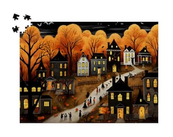 Halloween Hometown Jigsaw Puzzle 500 1000 Pieces: Spooky Rural Town Scene, Festive Pumpkin Decor, Haunted Village Puzzle, All Hallows' Eve